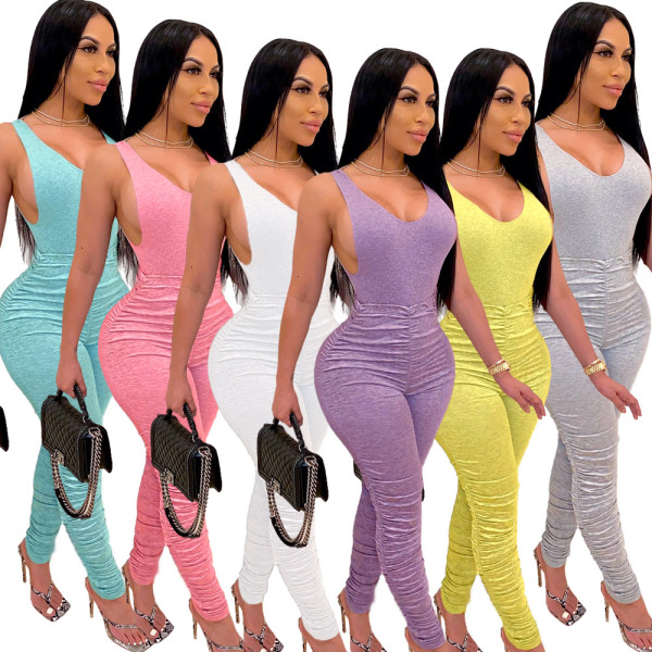 Sexy Solid Color Backless Sleeveless V-Neck Top With Pleated Trousers Two Piece Set QZ3303