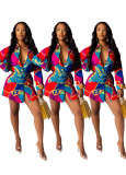 Casual Lady Turn Down Collar Shirt Printing Short Dress AMM8173