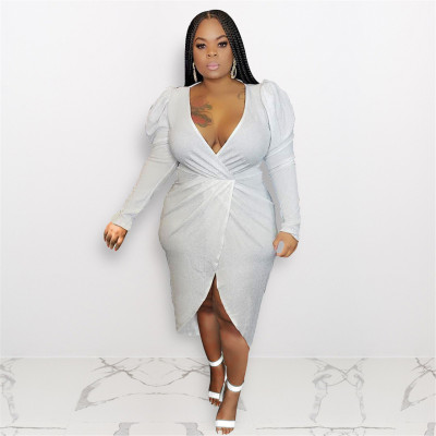 Large size women's silver long sleeve ruffled low cut dress Q5069