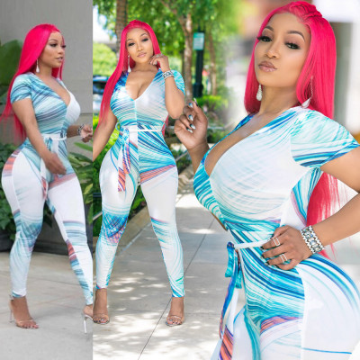 Online Sale Bodycon V Collar Printing Jumpsuits HHM6002