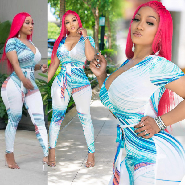 Online Sale Bodycon V Collar Printing Jumpsuits HHM6002