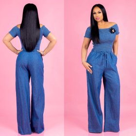 Denim Women Pleated A Word Shoulder Wide Leg Jumpsuit ZS-Y074