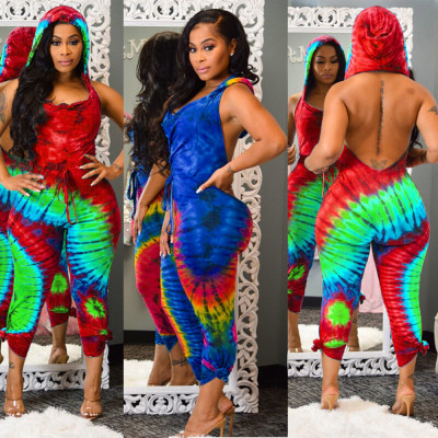 Sexy halter one-piece cap positioning print jumpsuit K8799