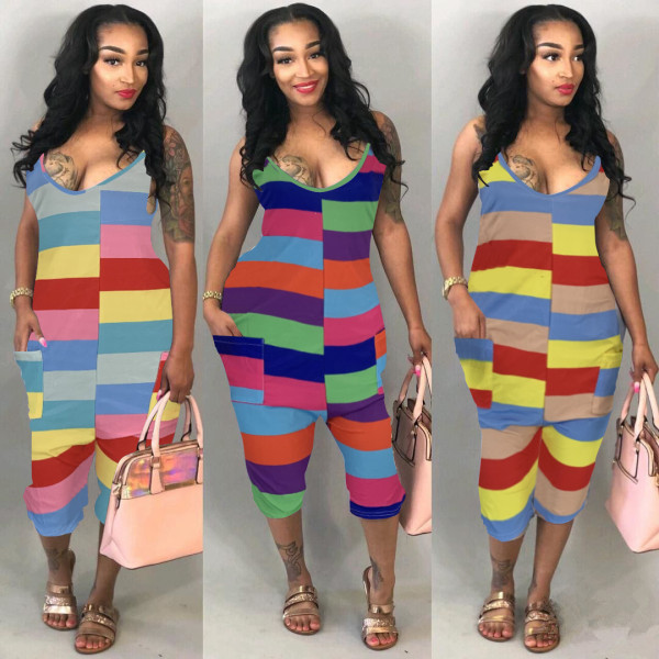 Casual Harem Pants Color Patchwork Sleeveless Jumpsuit DN8269