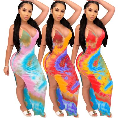 Sexy Coloring Suspenders V-Neck Backless Split Long Dress AL103