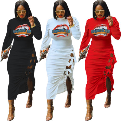 Leisure Chartlet Bandage Long Sleeves Split Women Dress T3374H