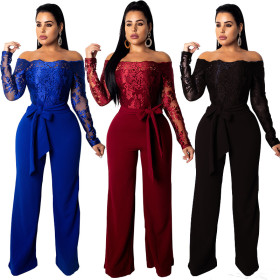 Stylish Lace Patchwork A Word Shoulder Flare Jumpsuit XZ2067
