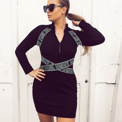 Letter webbing stitching zipper slim dress high neck bag hip knit skirt HD7989W09