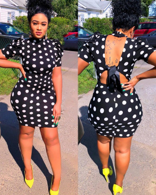 Slim Bodyocn Backless Polka Dot Bandage Short Dress ED8025
