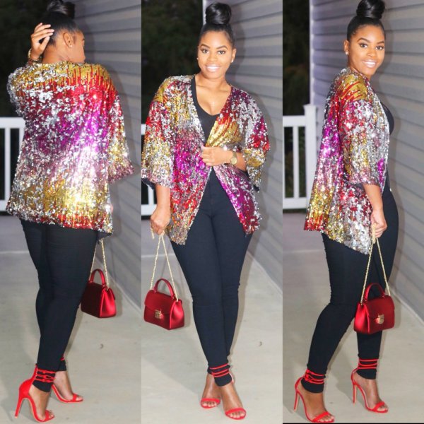Hot Sale Plus Size Glitter Sequin 3/4 Sleeves Coat MA6094