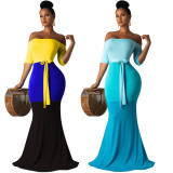 Elegant Color Patchwork Strapless Floor Length Dress BS1095