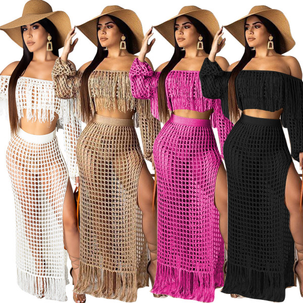 Sexy Tassel Crop Tops With Hollow Out knitting Skirts 2 Pcst Sets TRS938