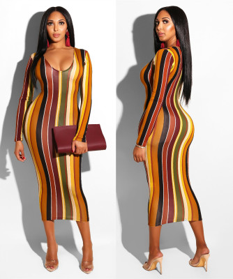 Newest Bodycon Stripe V Neck Long Dress D8216