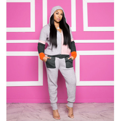 New Arrival Warm Colors Stitching Women Hooded Tracksuits LD8650
