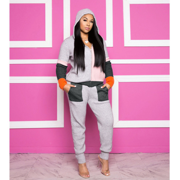 New Arrival Warm Colors Stitching Women Hooded Tracksuits LD8650