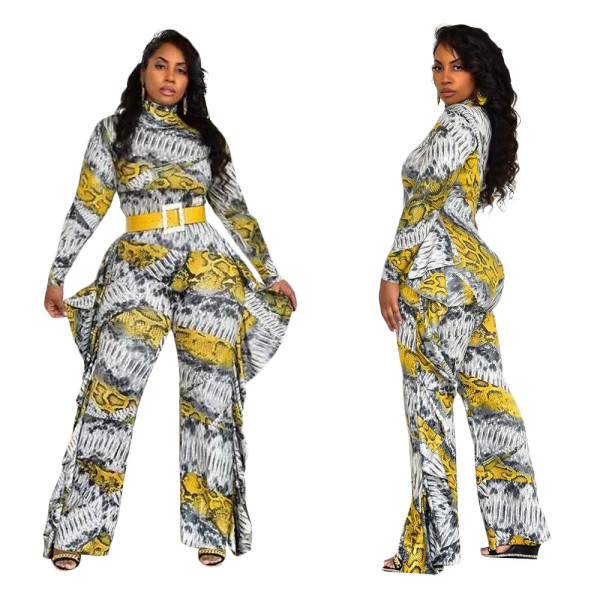 Mature Women Printing High Collar Ruffle Long Jumpsuit SN3684