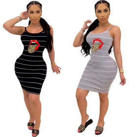 Striped tongue print sexy backless camisole dress LML103