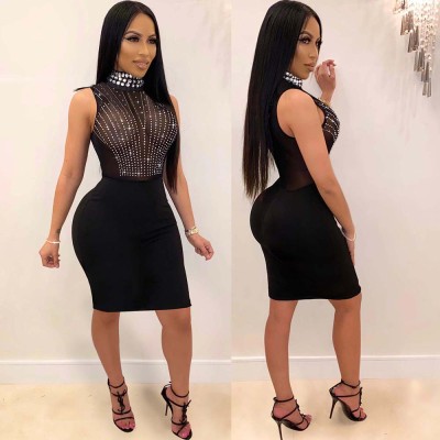 Sexy Hot Diamond Perspective Turtleneck Dress Nightclub Dress K8878