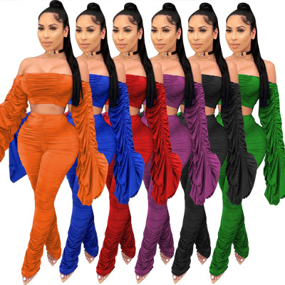 womens fashion casual one-shoulder pleated suit two-piece suit W8322