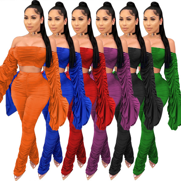womens fashion casual one-shoulder pleated suit two-piece suit W8322