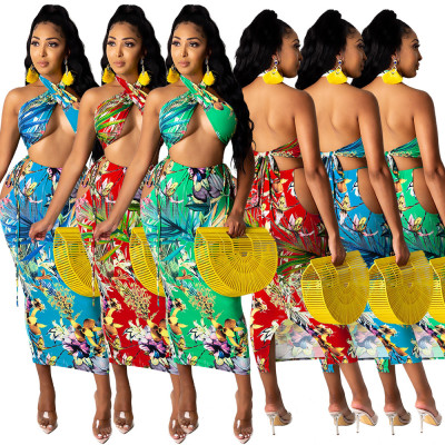 Sexy Halter Wrapped Printed Split Skirt Set MA6586