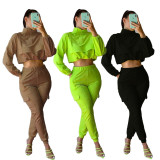 Sport Solid Color Round Neck Long Sleeves Mini Top With Trousers Two Piece Set AMM0026