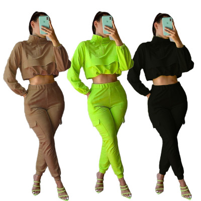 Sport Solid Color Round Neck Long Sleeves Mini Top With Trousers Two Piece Set AMM0026