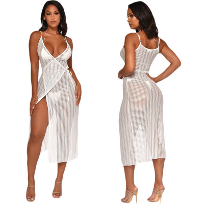 Sexy Bandage V Collar Condole Blet White Dress SN3608