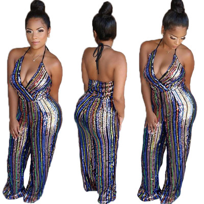Hot Sell Sequined Backless Multicolor Spaghetti Strap Jumpsuit CCY8224