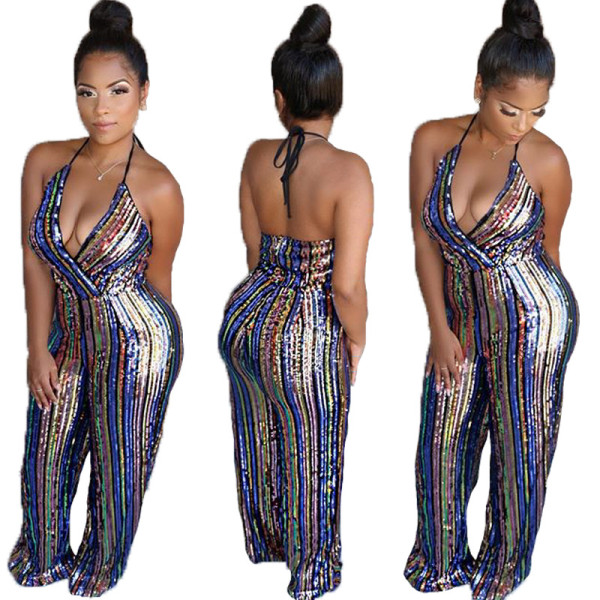 Hot Sell Sequined Backless Multicolor Spaghetti Strap Jumpsuit CCY8224