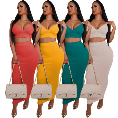 Sexy Solid Color Suspenders Mini Top With Midi Skirt 2 Pcs Bodycon Dress Sets AL102