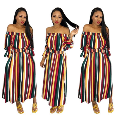 Elastic Waist Striped Clothes Flat Shoulder Colorful Dress AA5012