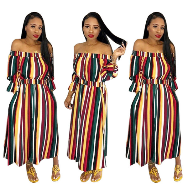 Elastic Waist Striped Clothes Flat Shoulder Colorful Dress AA5012