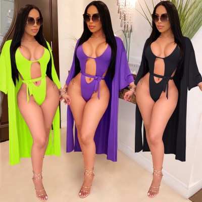 Women\'s solid color sexy bikini swimsuit bodysuit + jacket CYF3378