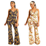Euramerican Chain Printing Condole Belt V Collar Jumpsuit ZS084