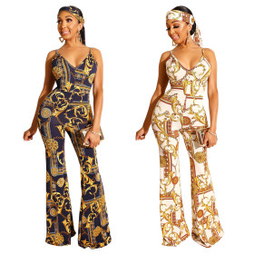 Euramerican Chain Printing Condole Belt V Collar Jumpsuit ZS084