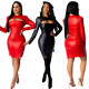 Popular Split Pu Leather Slim Fitting Low-Cut Solid Color Dress F8250