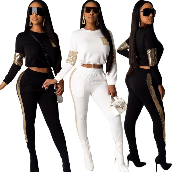 Fashionable Elastic Waist Sequined Splicing Gym Pants Sets R6254