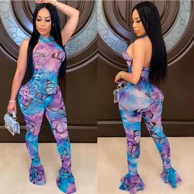 Sexy Butterfly Printed Strapless Backless Round Neck Flared Trousers Jumpsuit KA7101
