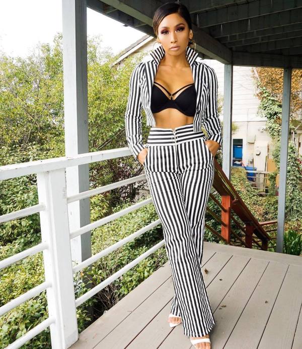 Stripe Lady Outfits Stand Collar Coat Straight Trousers YYZ910
