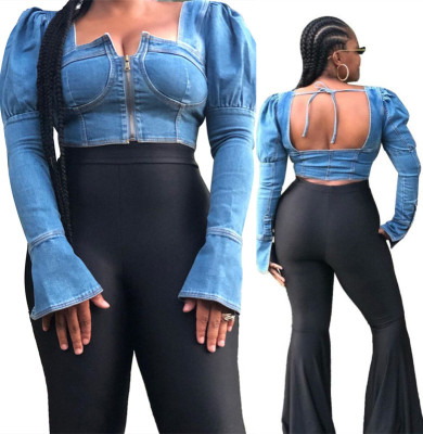Unique Bodycon Blue Demin Long Sleeves Backless Crop Tops LA3151