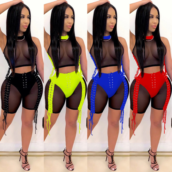 Fashion leisure nightclub women\'s see-through webbing bandage mesh two-piece suit XZ3649