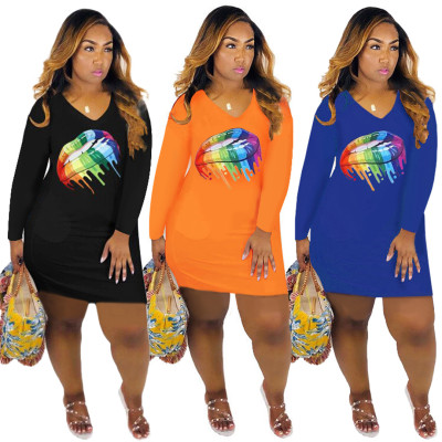 Newest Long Sleeves Lip Printing Dress For Daily Wear SY8377