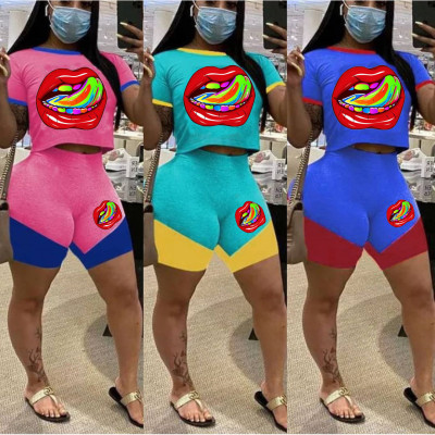 Summer Lips Printed Round Neck Short Sleeves Mini Top With Shorts Two Piece Set ABL4001