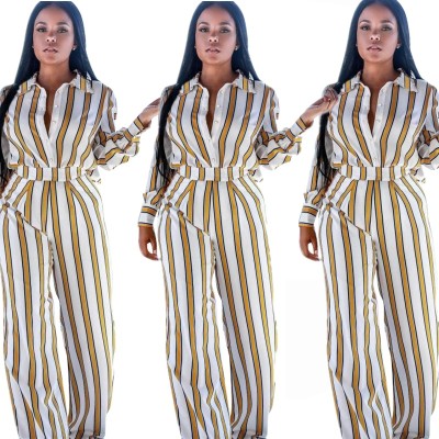 Women Stripe Casual Shirt High Waist Wide Leg Trousers E803