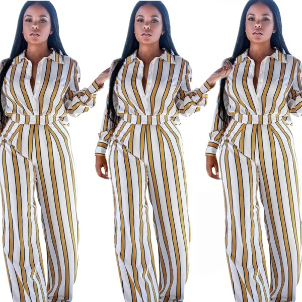 Women Stripe Casual Shirt High Waist Wide Leg Trousers E803