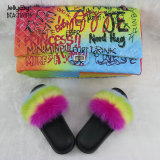 Painted graffiti chain bag with color fox fur grass ladies sandals and slippers bag set JBD004