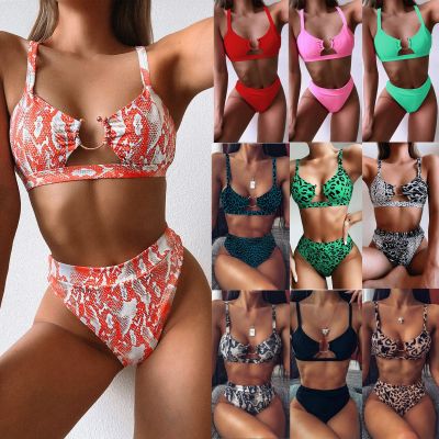 Ladies split swimsuit green leopard bikini CSB36