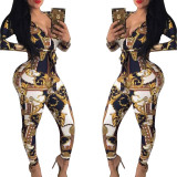 Deep V Neck Chain Print Skinny Jumpsuits XY1876