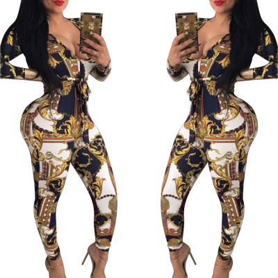 Deep V Neck Chain Print Skinny Jumpsuits XY1876